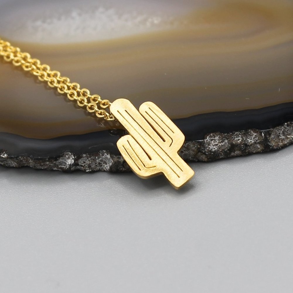 Jewelry necklace cactus plant nature yellow gold tone dainty minimalist new